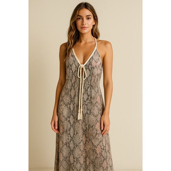 Lovestitch Boho Maxi‎ Dress Small Snake Print Braided Strap Tie Back Rayon Flowy - Picture 1 of 10